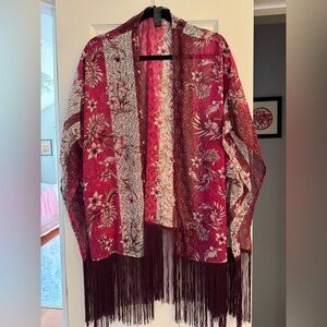 Floral Fringe Cardigan - Red